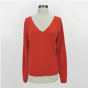 Orange Ralph Lauren Black Label Cashmere Sweater Cable Knit V-Neck Preppy Luxury